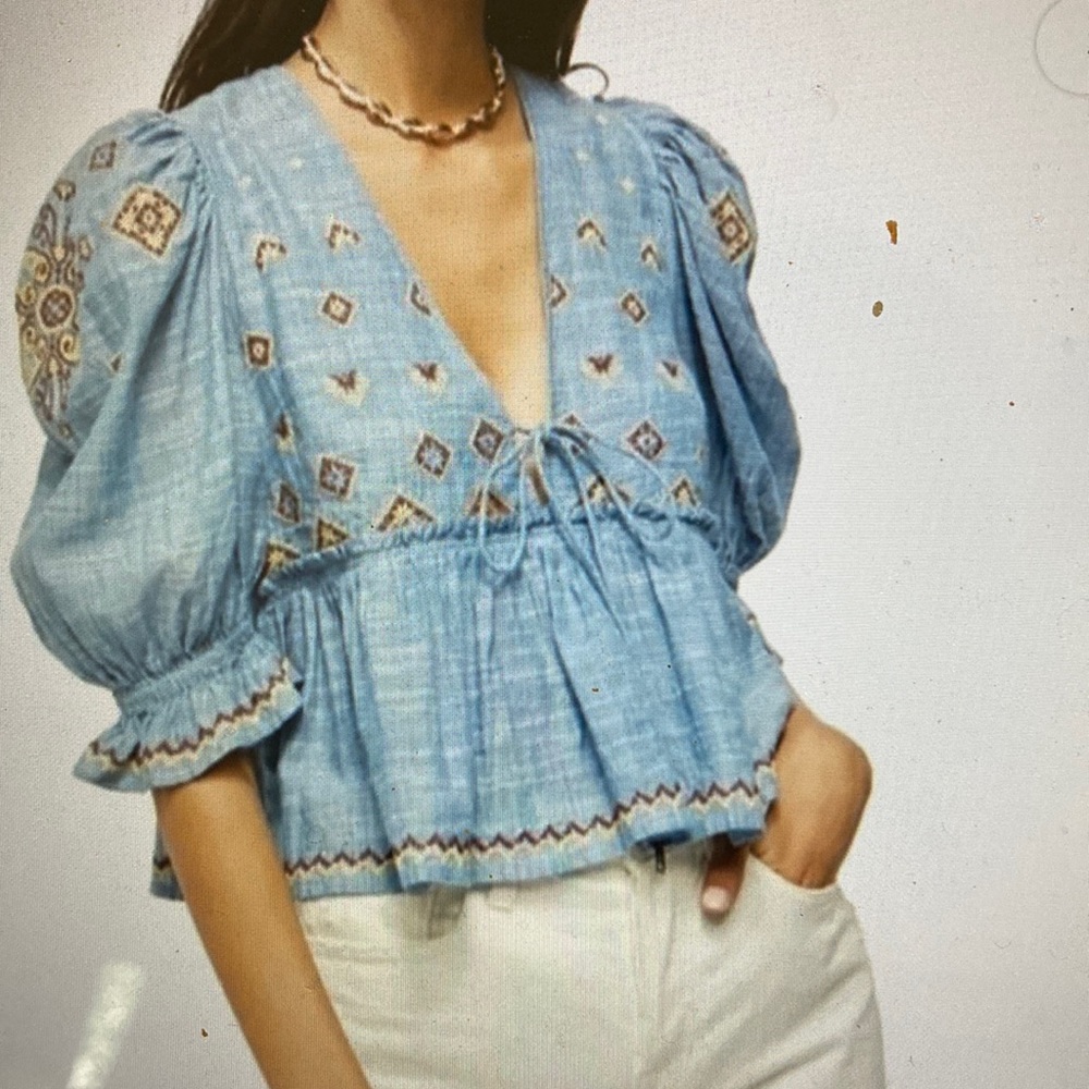Free People Tallulah Chambray Embroidered Blouse Size Large